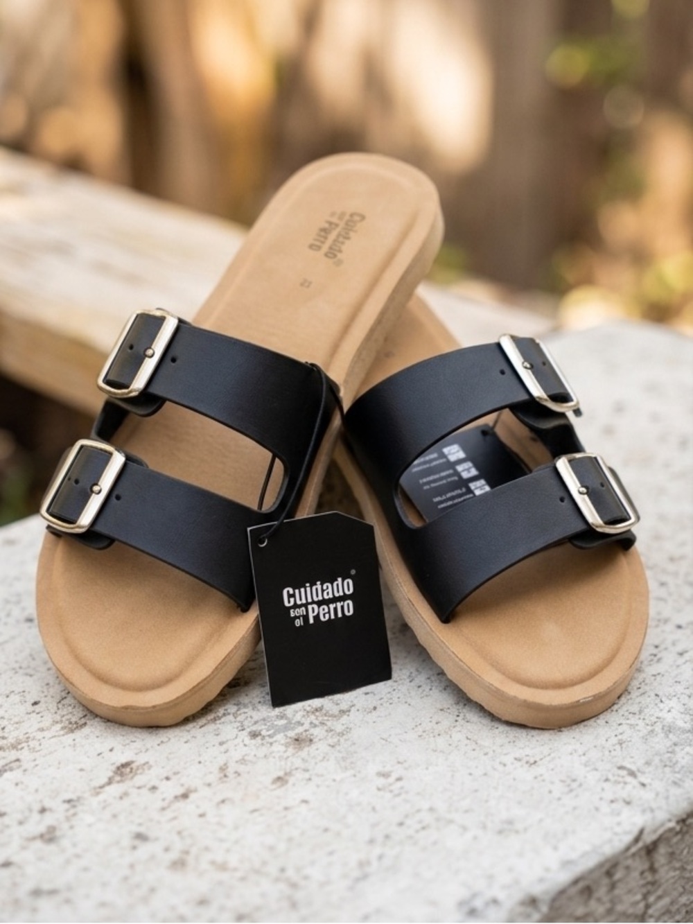NWT Cuidado con el Perro Black Double Buckle Slide Sandals